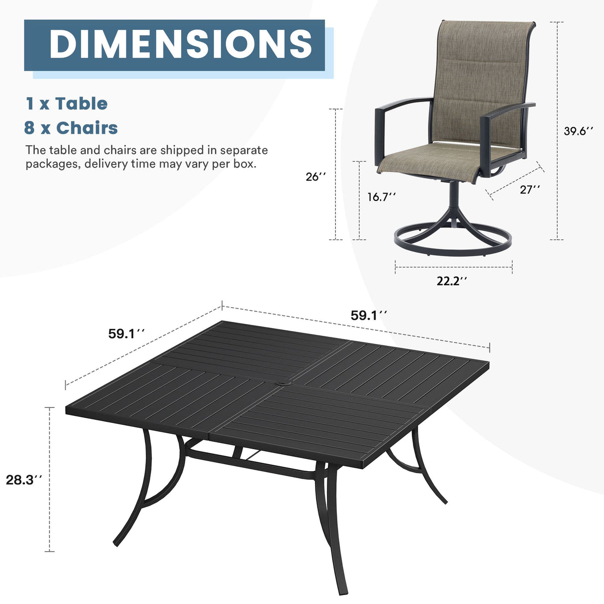 Vicllax 9 Pieces Outdoor Dining Set with 59" Square Dining Table and Swivel Chairs