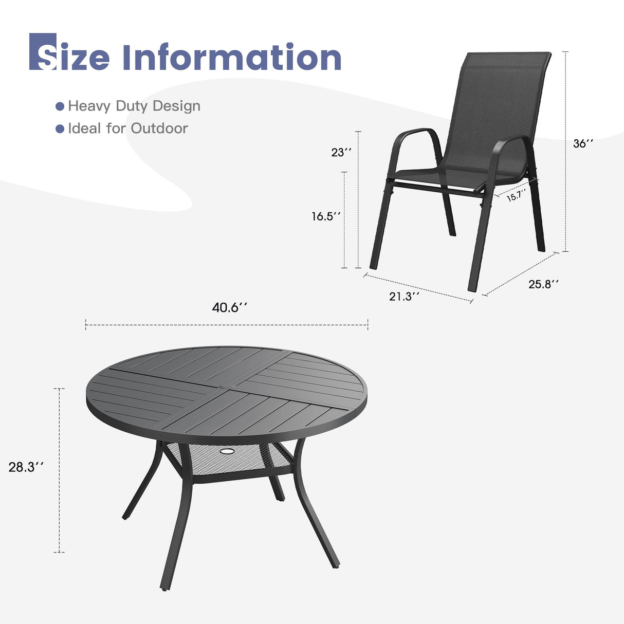 Vicllax 5 PCS Patio Dining Table Set, 41" Round Metal Table with Shelf and Horizon Stackable Chair