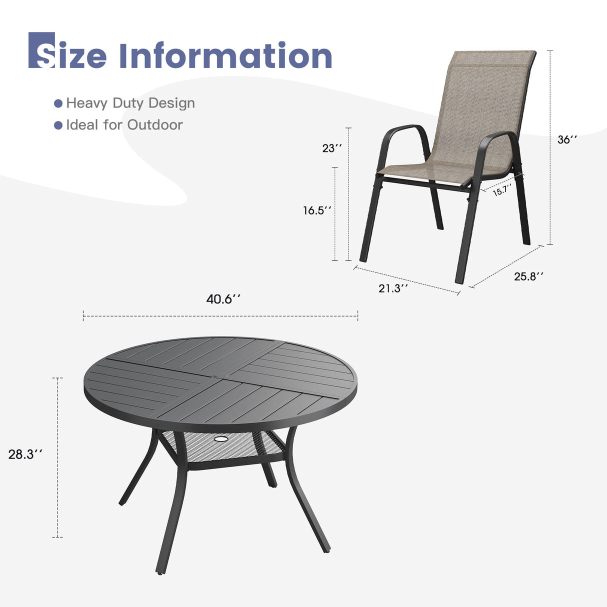 Vicllax 5 PCS Patio Dining Table Set, 41" Round Metal Table with Shelf and Horizon Stackable Chair