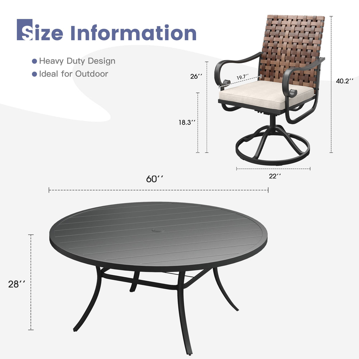 Vicllax 9 PCS Patio Dining Table Set, 60" / 63" Round Metal Table and Sierra Swivel Chair