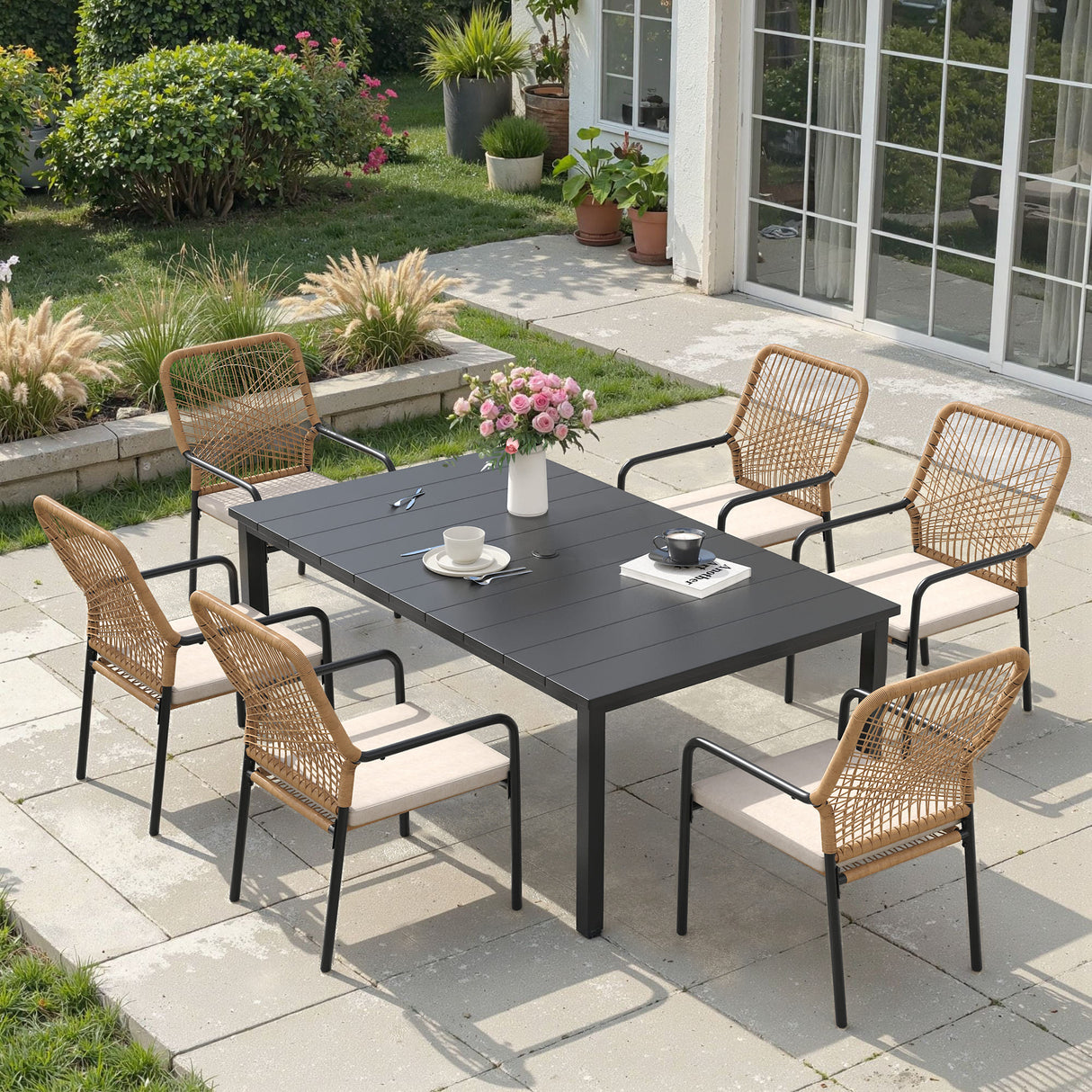 Vicllax 7 Pieces Outdoor Dining Set, Patio Rectangular Metal Table and Alora Stackable Chair
