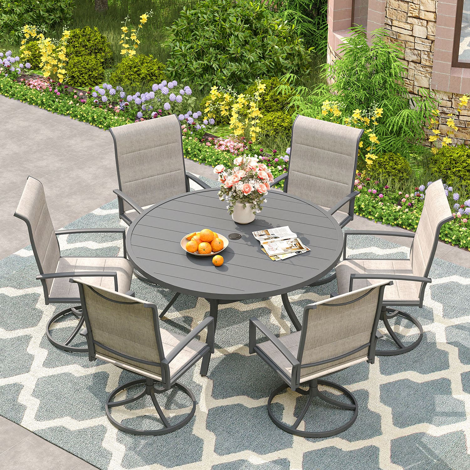 Vicllax 7 Pieces Outdoor Dining Set with 48" Round Dining Table and Swivel Chairs
