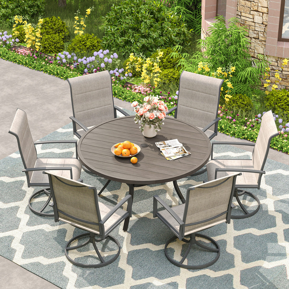 Vicllax Outdoor Round Metal Dining Table with Umbrella Hole for 4, 6