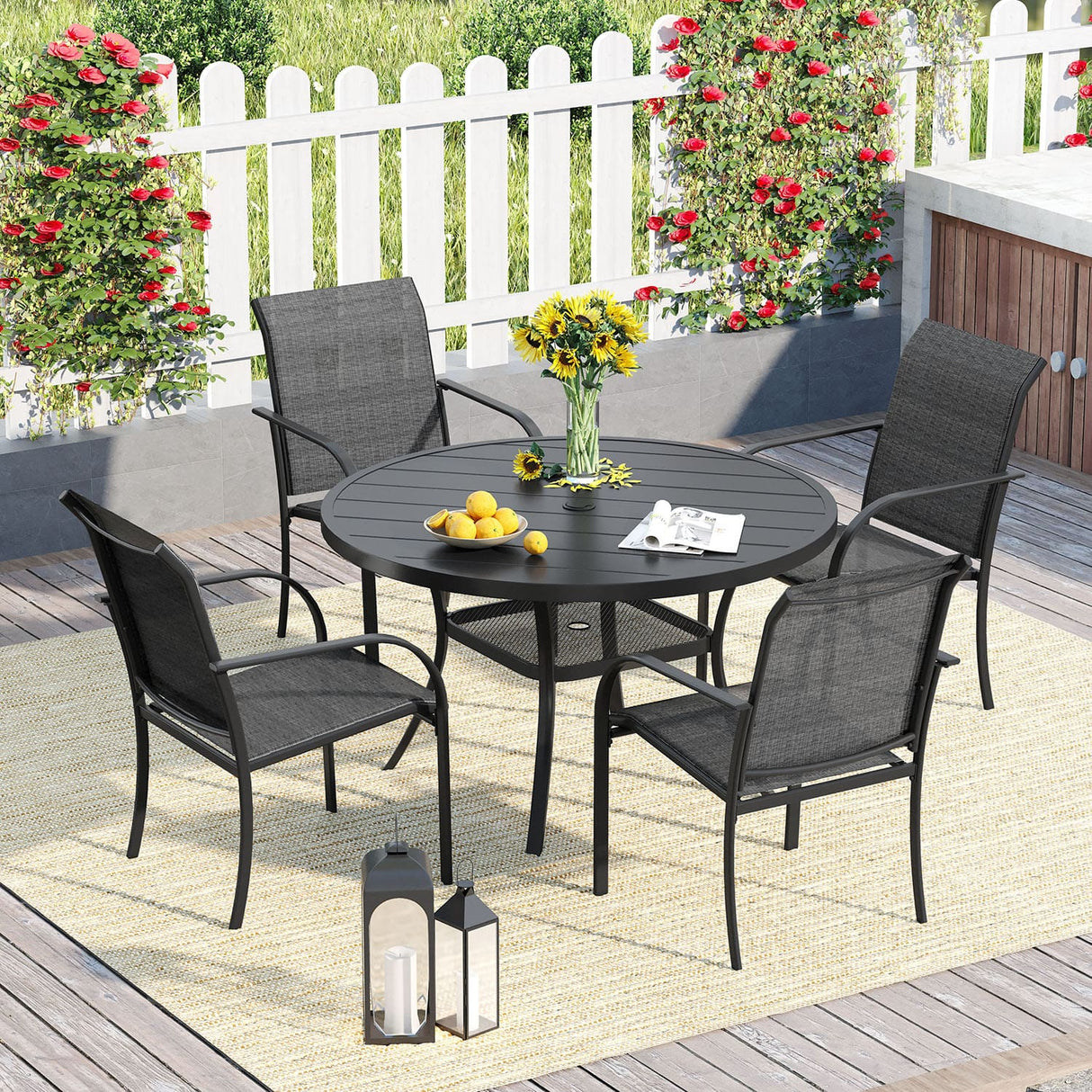 Vicllax 5/7 Pcs Outdoor Dining Set with Round Metal Table and Stackable Sling Chair