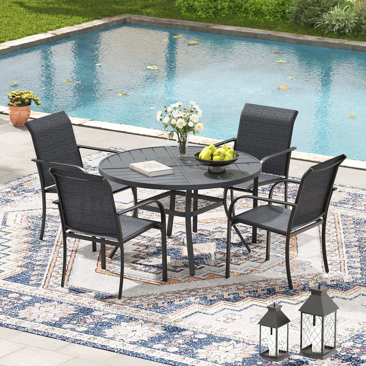 VICLLAX 5/7 PCS Patio Dining Table Set, Round Metal Table with Shelf and Stackable Sling Chair