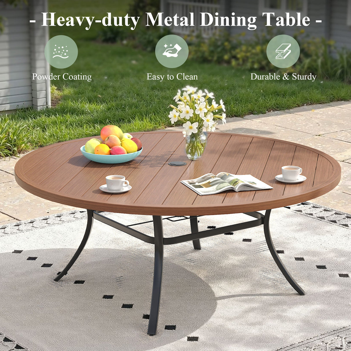 VICLLAX 11-Pcs Outdoor Dining Set, 63” Round Metal Table with Umbrella Hole & 10 Stackable Chairs