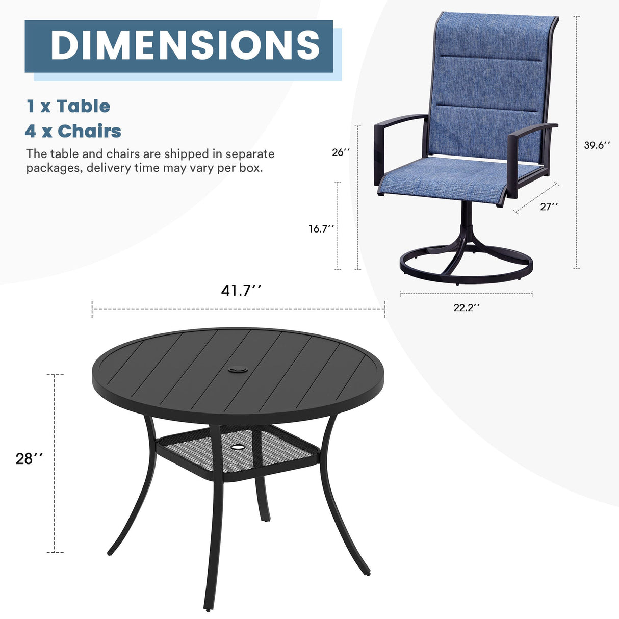 Vicllax 5-Piece Outdoor Dining Set, 42" Round Metal Table and Padded Swivel Chairs