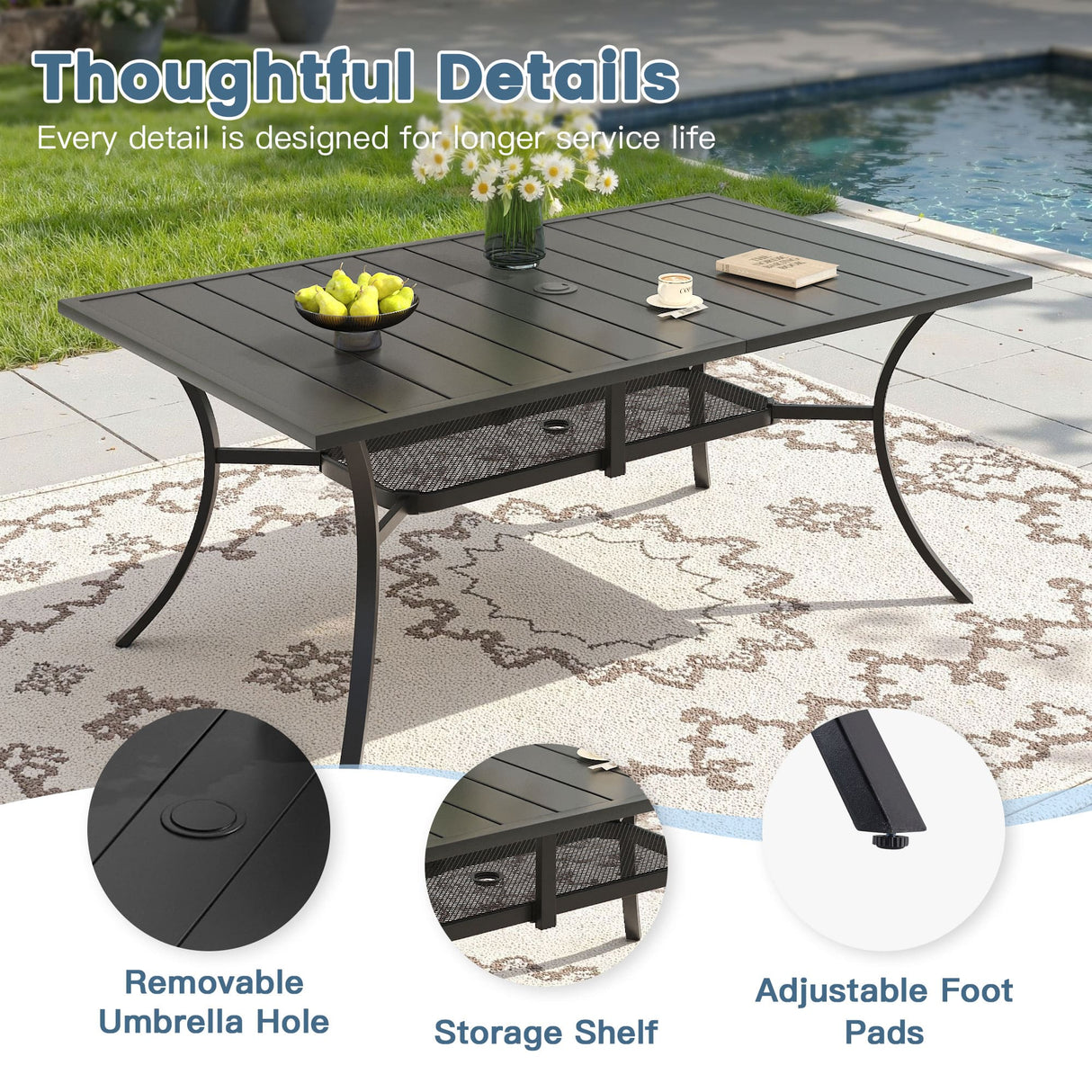 Vicllax 7 Pcs Outdoor Dining Set, Rectangular Metal Table with Storage Shelf and 6 Swivel Chairs