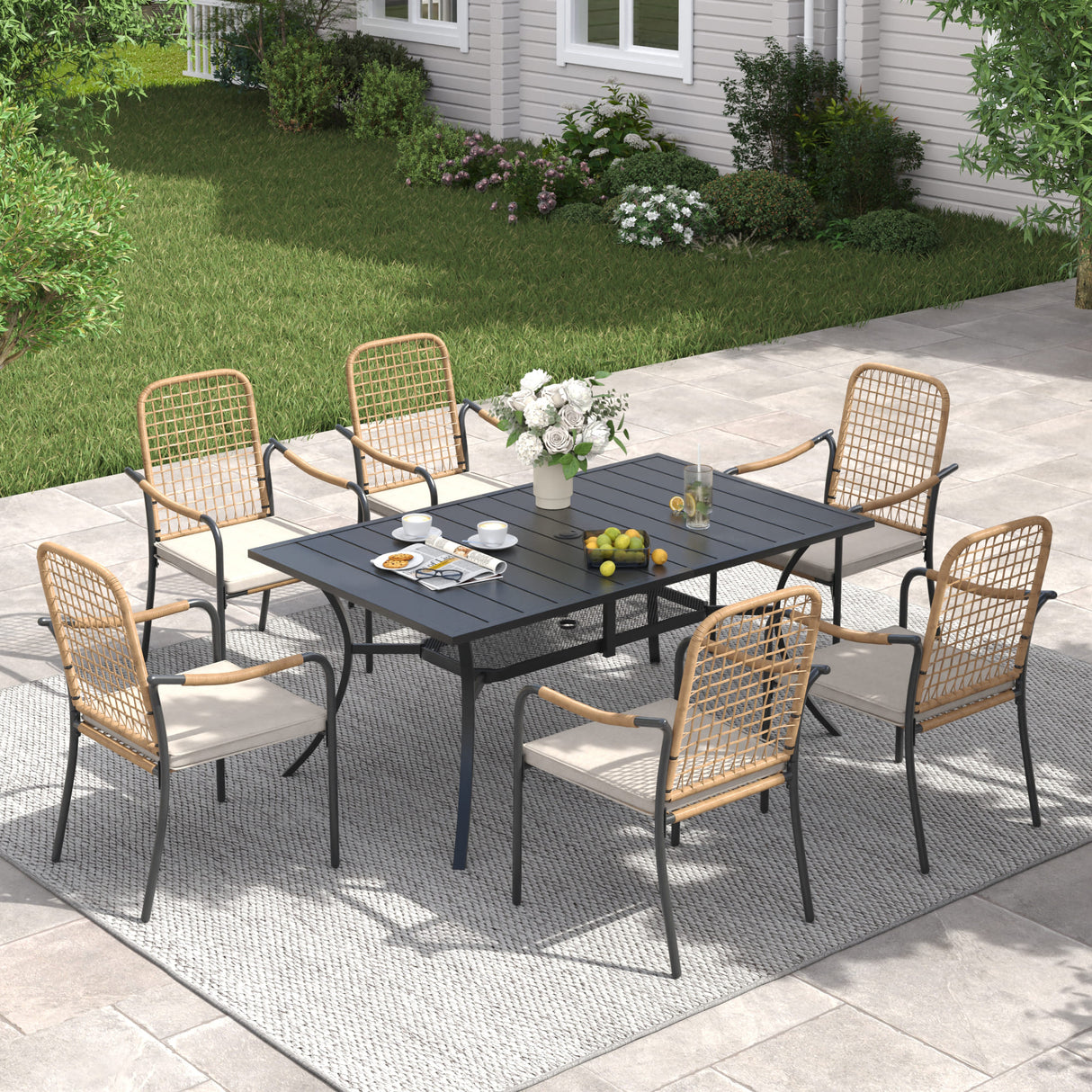 Vicllax 7 Pieces Outdoor Dining Set, Patio Rectangular Metal Table with Shelf and Solana Stackable Chair