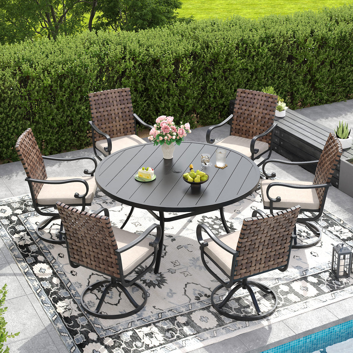 Vicllax 7 PCS Patio Dining Table Set, 53" Round Metal Table and Sierra Swivel Chair