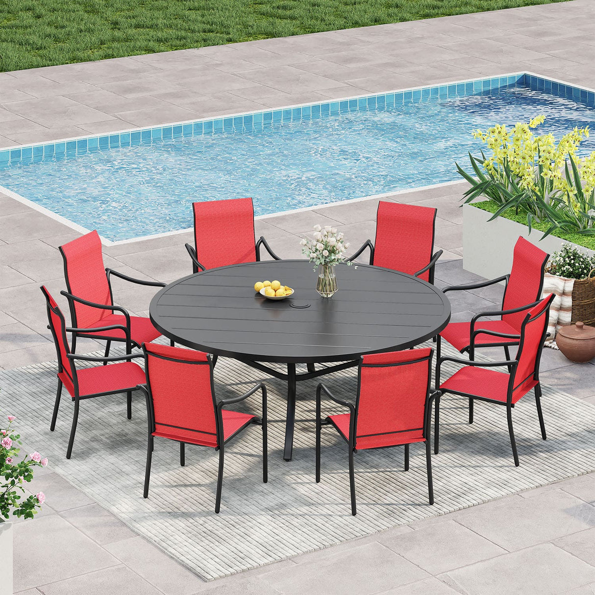 Vicllax 9-Piece Outdoor Dining Set with Patio Round Metal Table and High Back Stackable Chairs