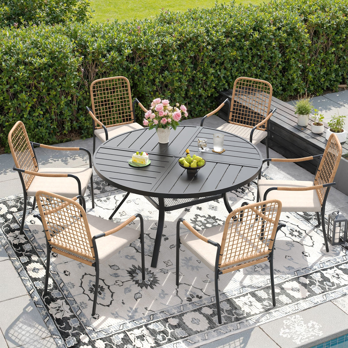 Vicllax 7 PCS Patio Dining Table Set, 47.6" Round Metal Table with Shelf and Solana Stackable Chair