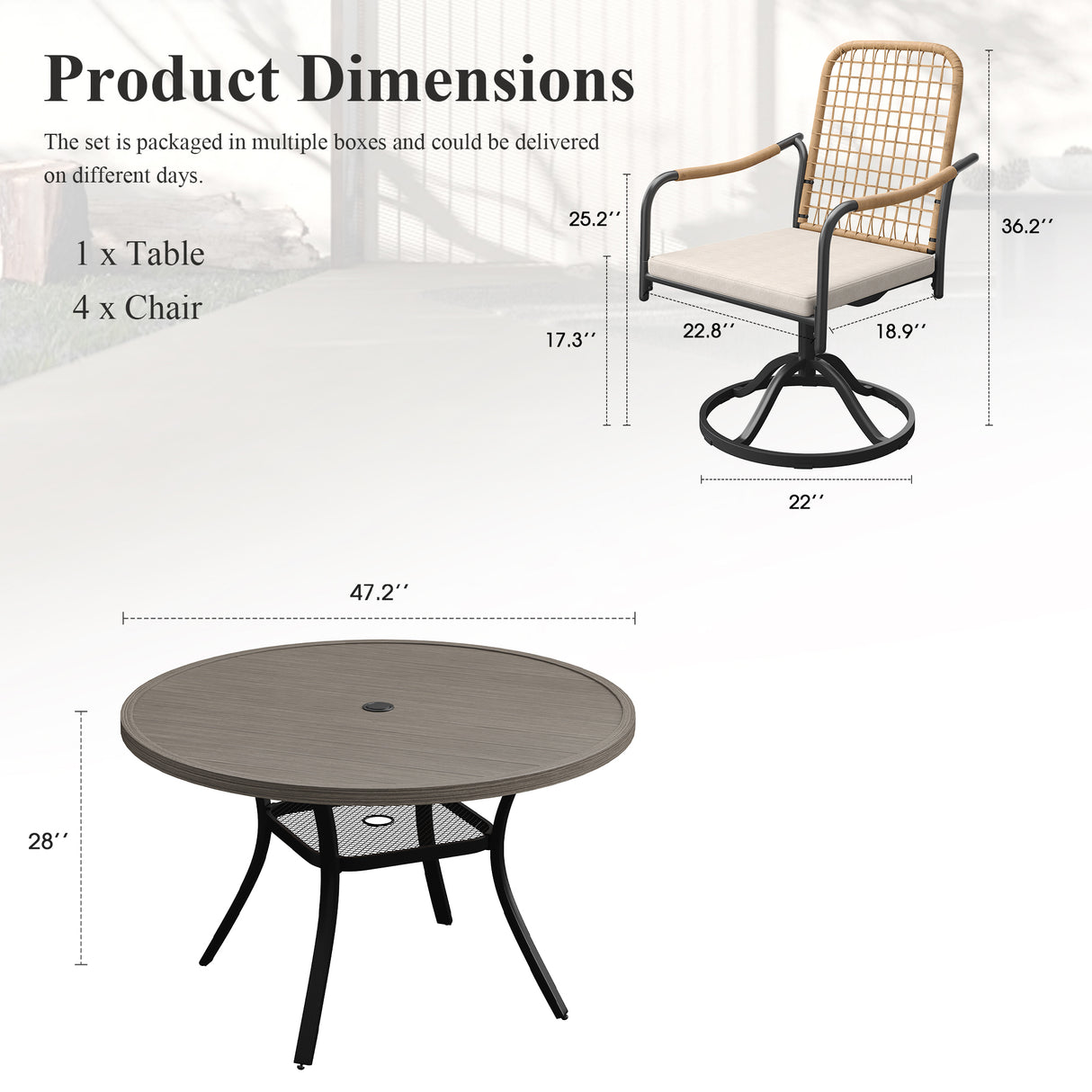 Vicllax 5-Piece Outdoor Dining Set, 47” Round Metal Table with Umbrella Hole & Solana Swivel Chair