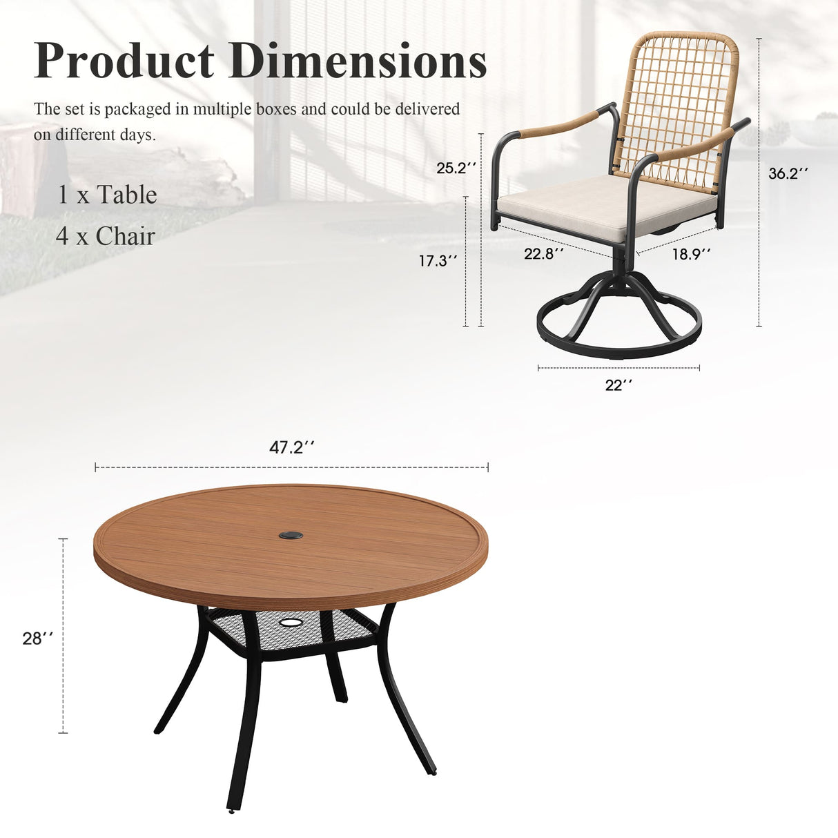 Vicllax 5-Piece Outdoor Dining Set, 47” Round Metal Table with Umbrella Hole & Solana Swivel Chair