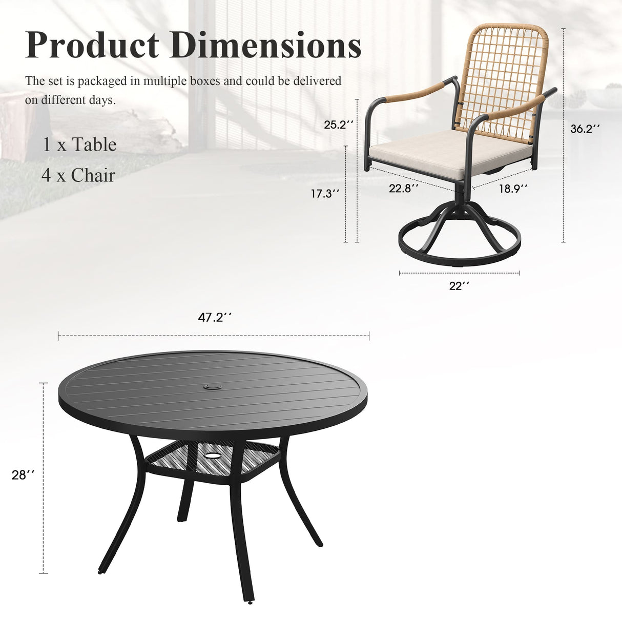 Vicllax 5-Piece Outdoor Dining Set, 47” Round Metal Table with Umbrella Hole & Solana Swivel Chair