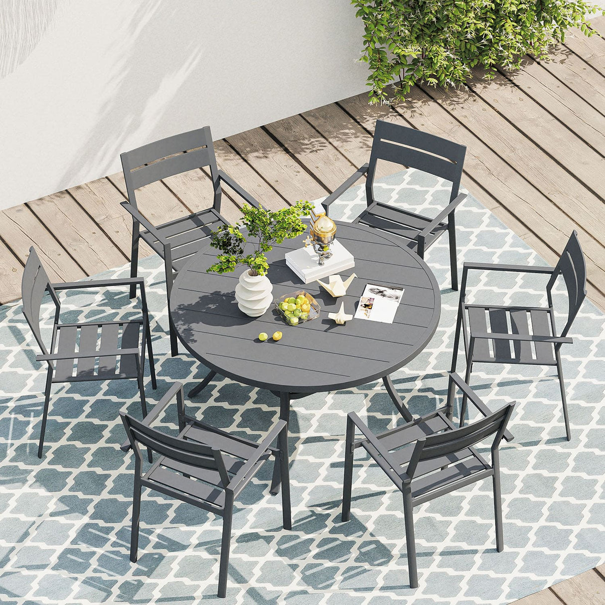 Vicllax 5/7/9 Pieces Outdoor Dining Set with Round Metal Table and Armrest Chairs