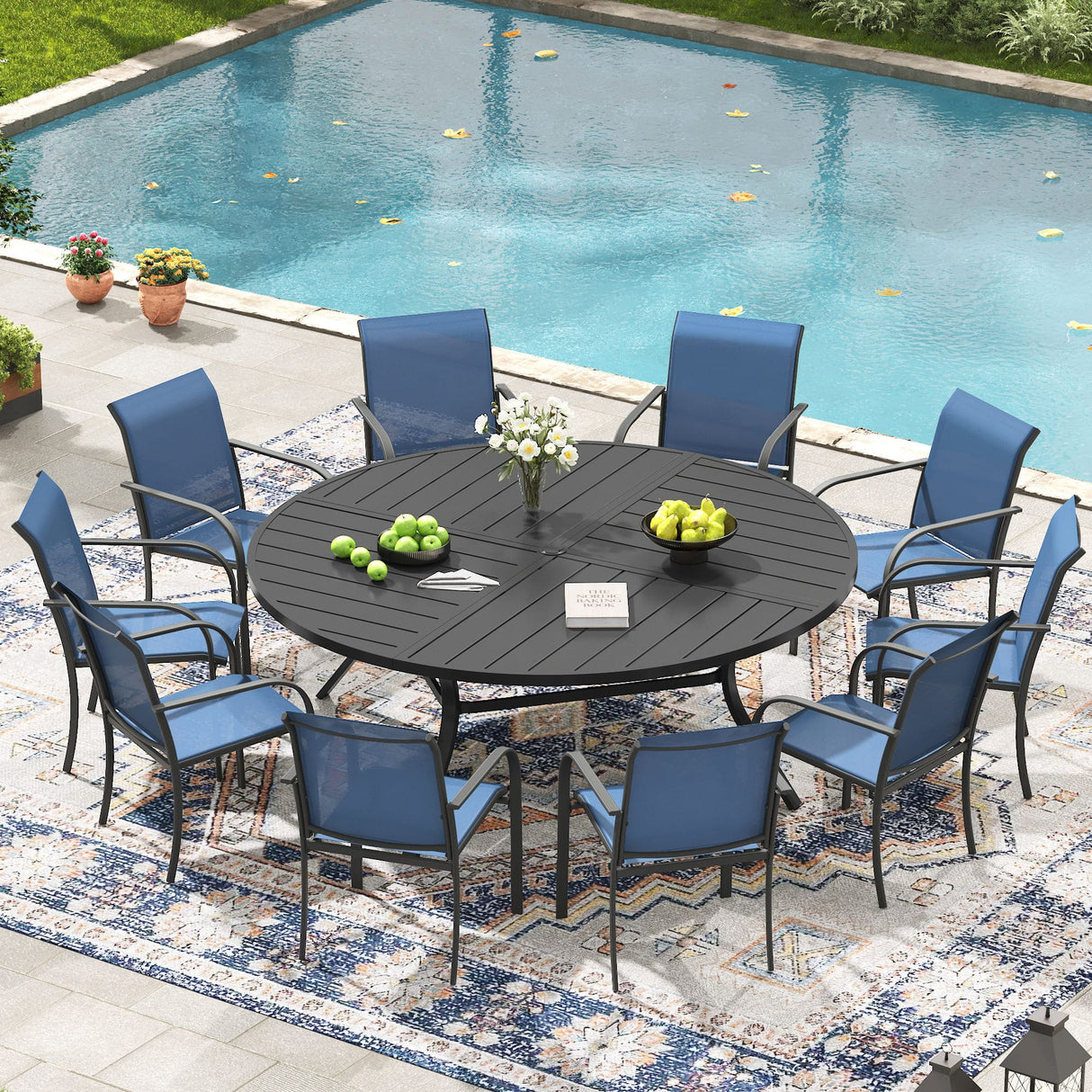 Vicllax Mesa redonda para patio de 42" con estante de almacenamiento y orificio para sombrilla ajustable