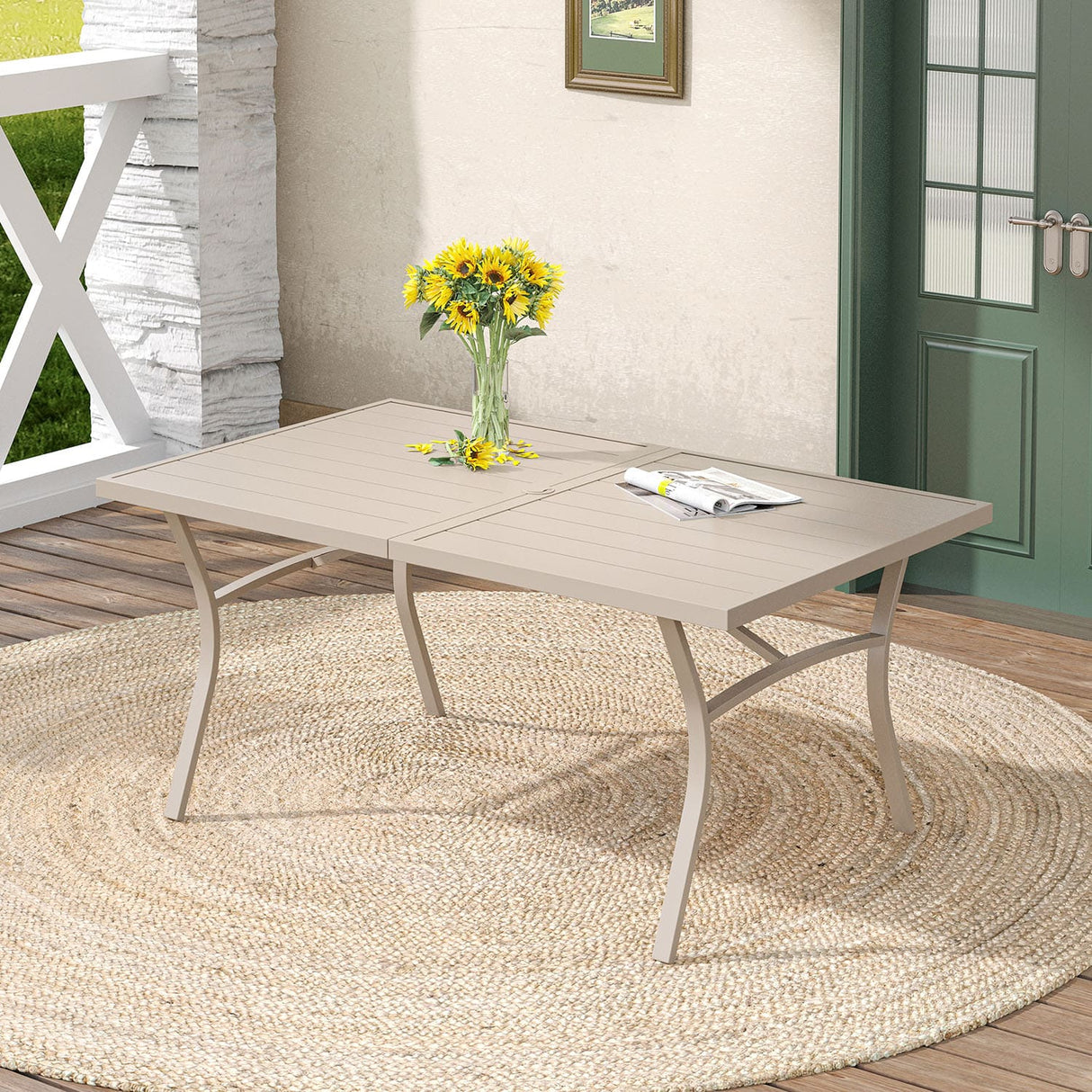 Vicllax Outdoor Metal Dining Table for 8 with Umbrella Hole, 70.9" Rectangular Dining Table