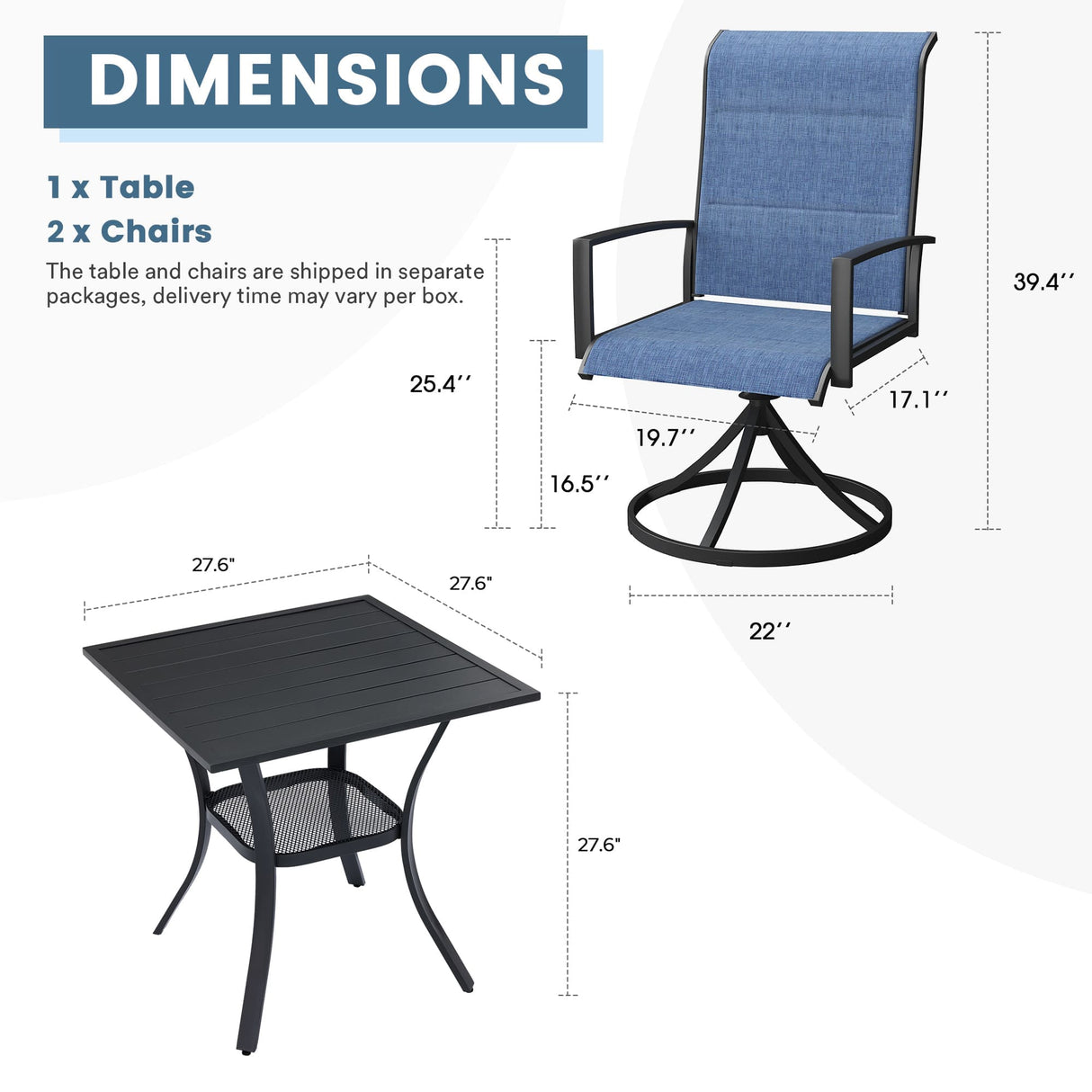 Vicllax 3-Piece Patio Bistro Set, Outdoor Swivel Chairs and Metal Square Table
