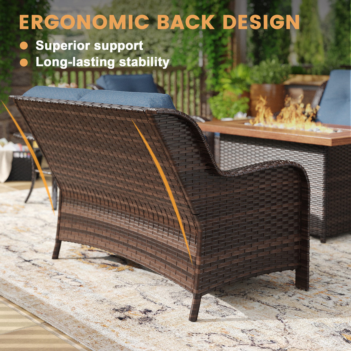 Vicllax Patio Wicker Oasis Lounge Set, 3-Seater, Swivel Chair with Fire table