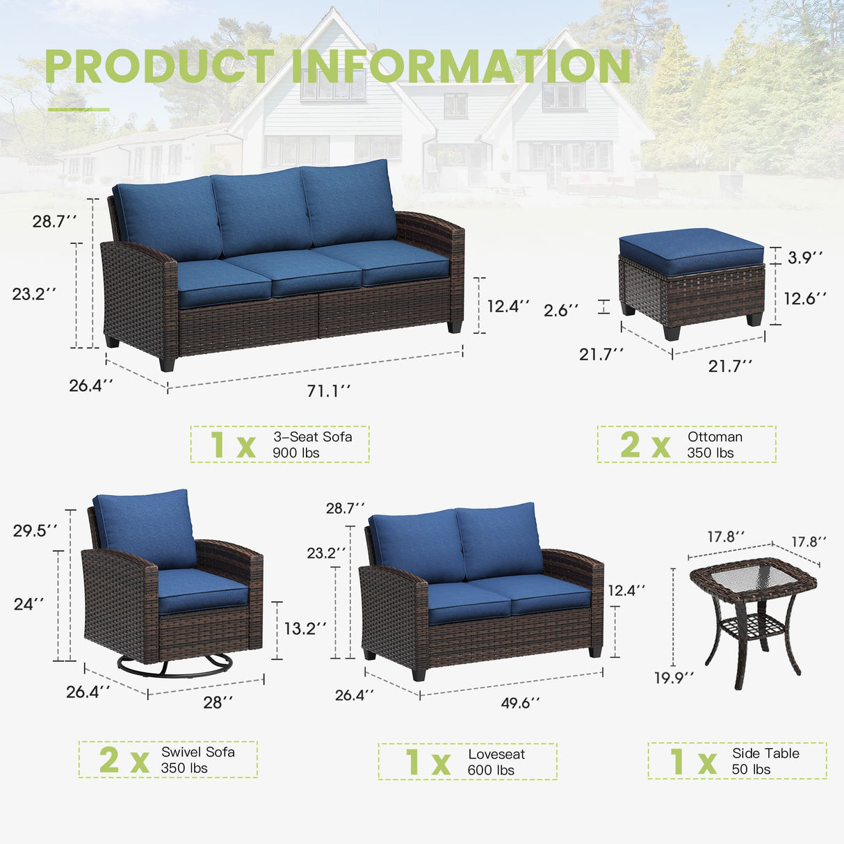 Vicllax Garden Conversation Set with Cushioned Sofa Chairs, Ottomans and Coffee Table