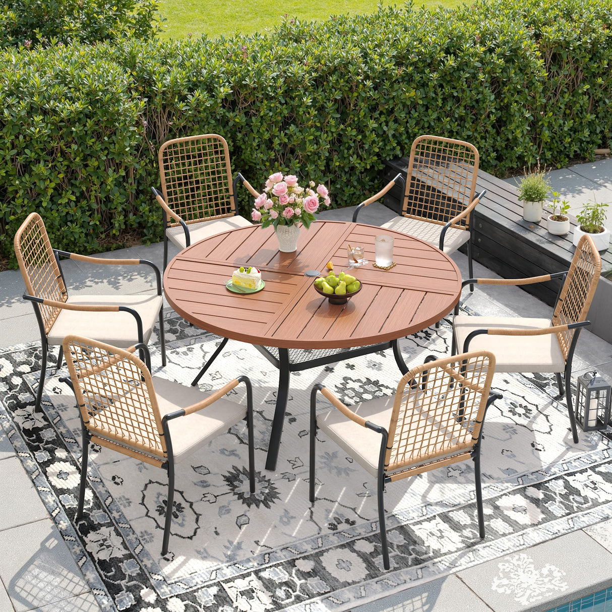 Vicllax 7 PCS Patio Dining Table Set, 47.6" Round Metal Table with Shelf and Solana Stackable Chair