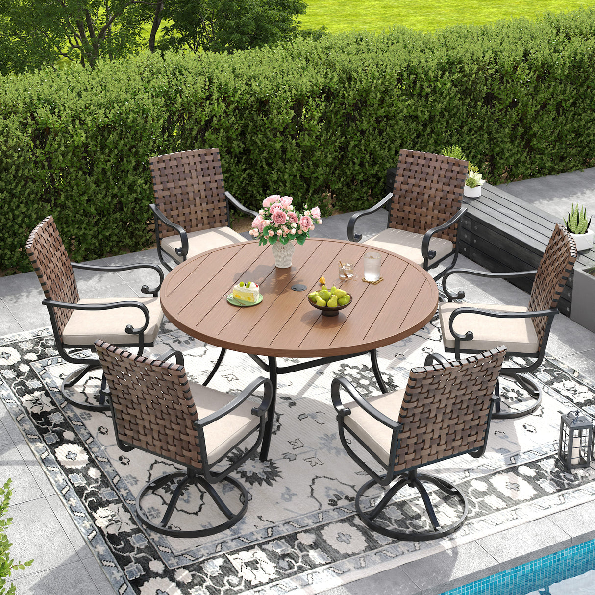 Vicllax 7 PCS Patio Dining Table Set, 53" Round Metal Table and Sierra Swivel Chair