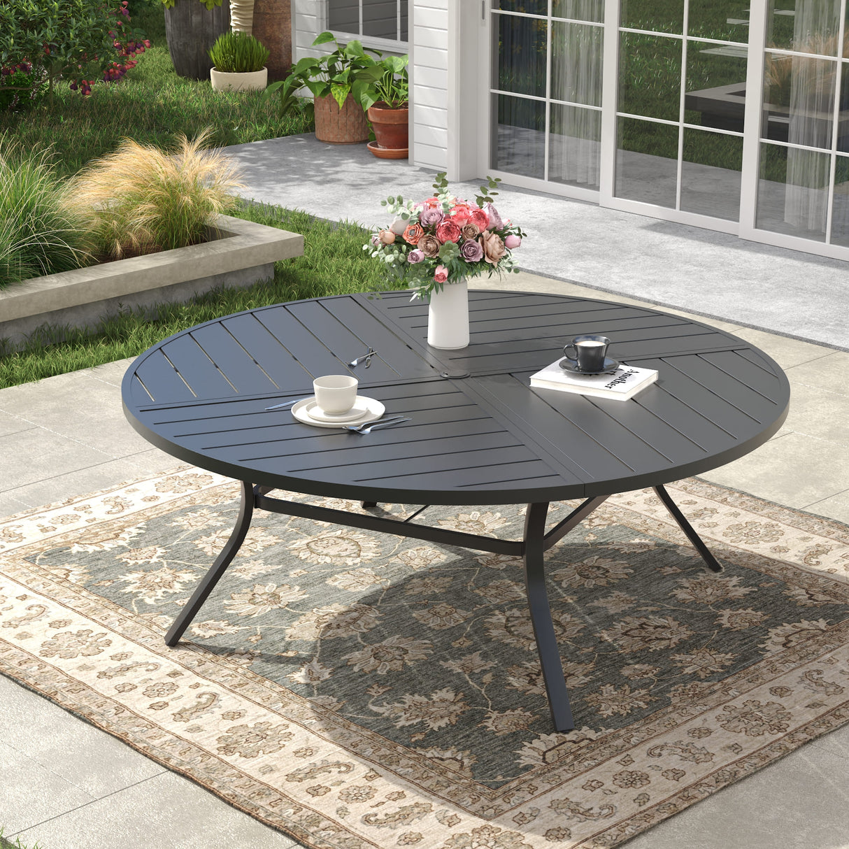 Vicllax 59.8" Patio Round Dining Table Set of 8, Metal Dining Table and Swivel Dining Chairs