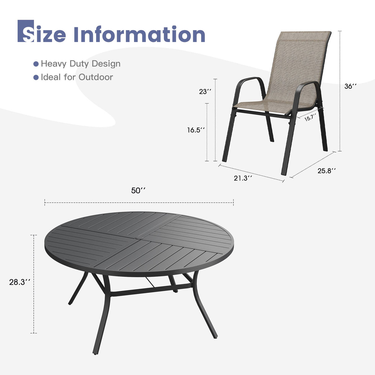 Vicllax 7 PCS Patio Dining Table Set, 50" Round Metal Table and Horizon Stackable Chair