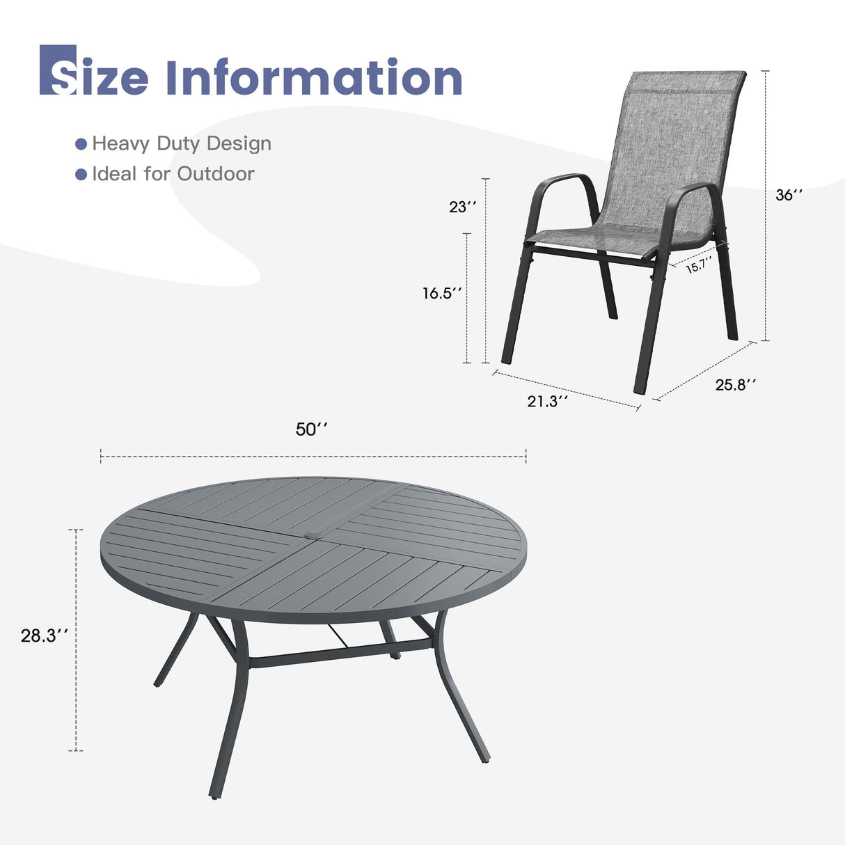 Vicllax 7 PCS Patio Dining Table Set, 50" Round Metal Table and Horizon Stackable Chair
