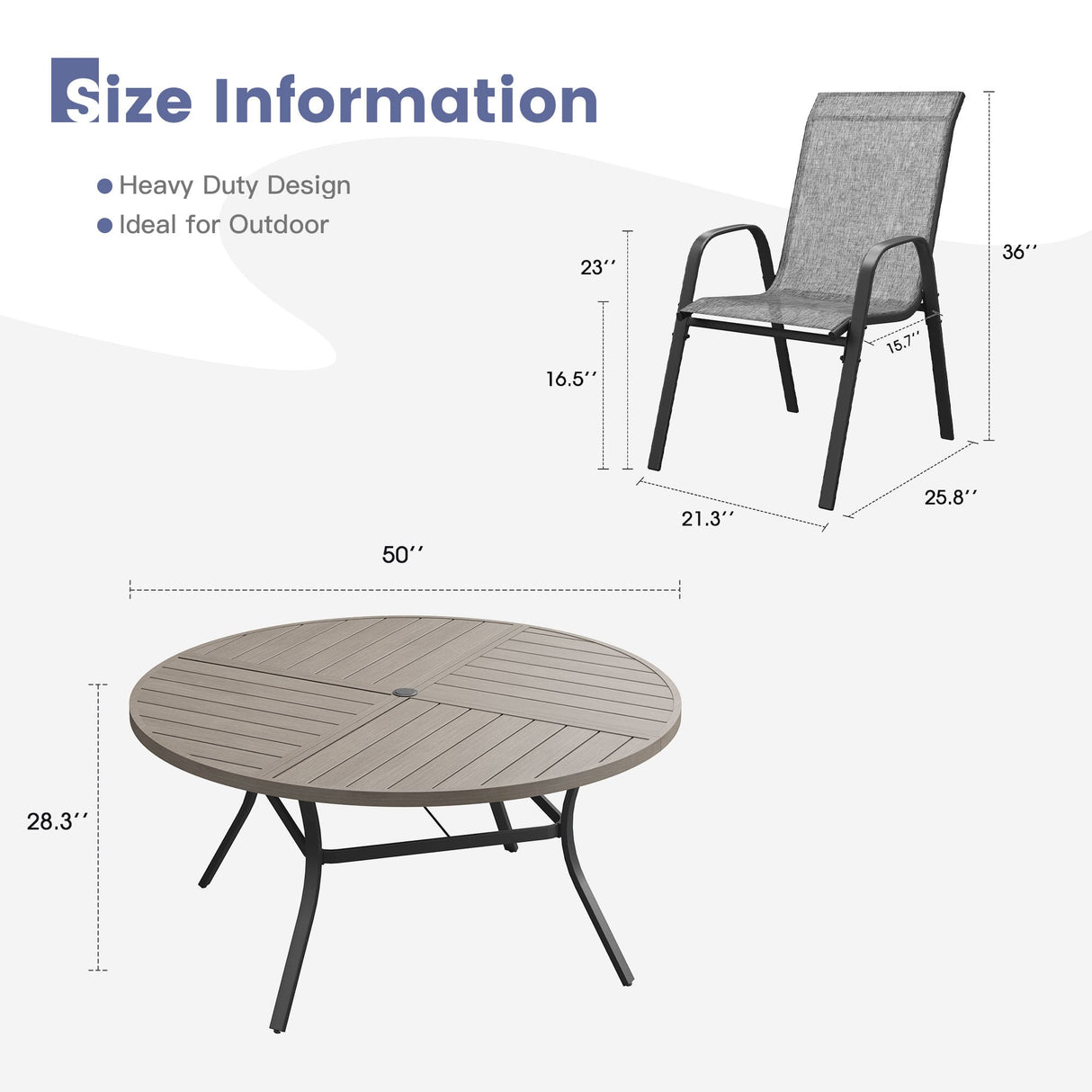 Vicllax 7 PCS Patio Dining Table Set, 50" Round Metal Table and Horizon Stackable Chair