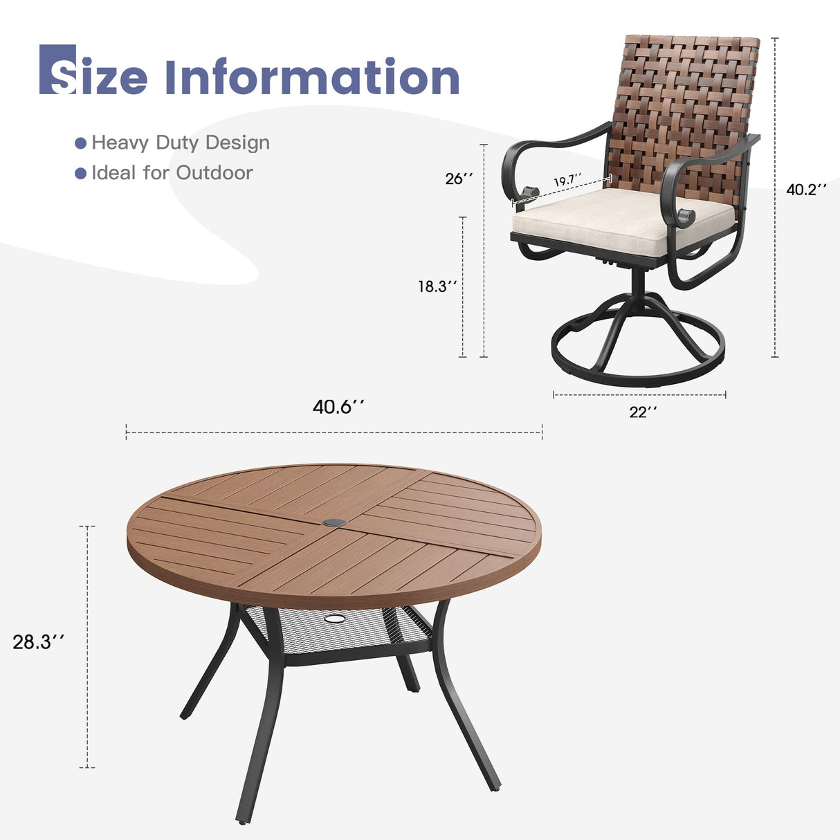 Vicllax 5 PCS Patio Dining Table Set, 41" Round Metal Table and Sierra Swivel Chair