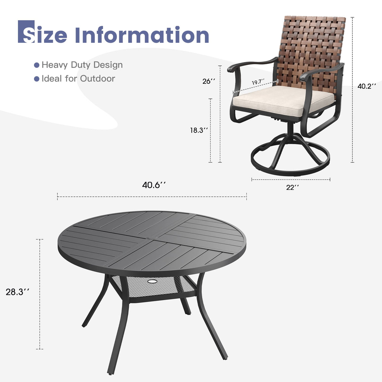 Vicllax 5 PCS Patio Dining Table Set, 41"/47“ Round Metal Table and Sienna Swivel Chairs