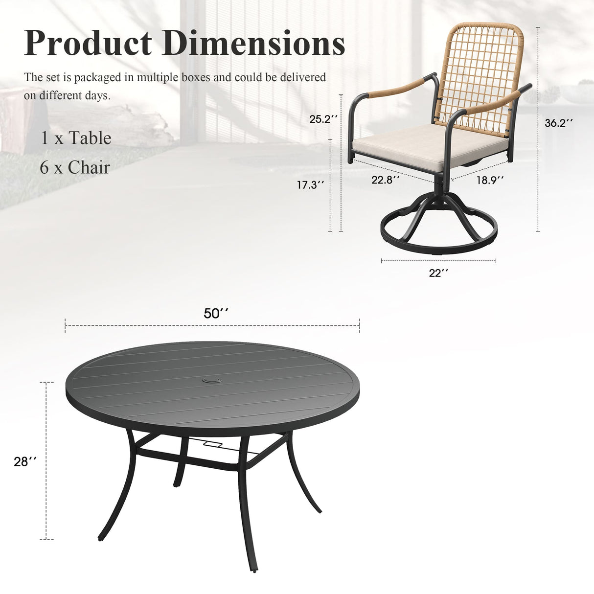 Vicllax 7-Piece Outdoor Dining Set, 50” Round Metal Table with Umbrella Hole & Solana Swivel Chair