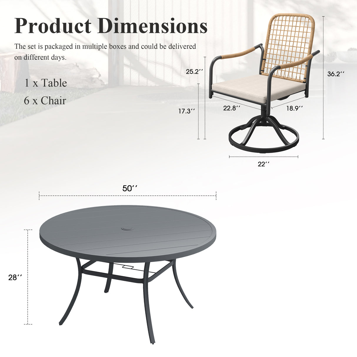 Vicllax 7-Piece Outdoor Dining Set, 50” Round Metal Table with Umbrella Hole & Solana Swivel Chair