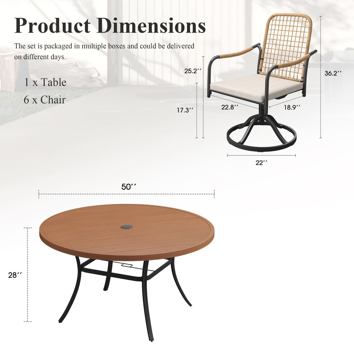 Vicllax 7-Piece Outdoor Dining Set, 50” Round Metal Table with Umbrella Hole & Solana Swivel Chair