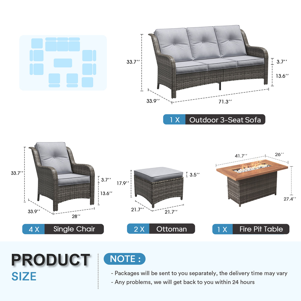 Vicllax Patio Wicker Oasis Lounge Set, 7-Piece Outdoor Sofa Set with Fire Pit Table(Stable Sofa Chair Set)