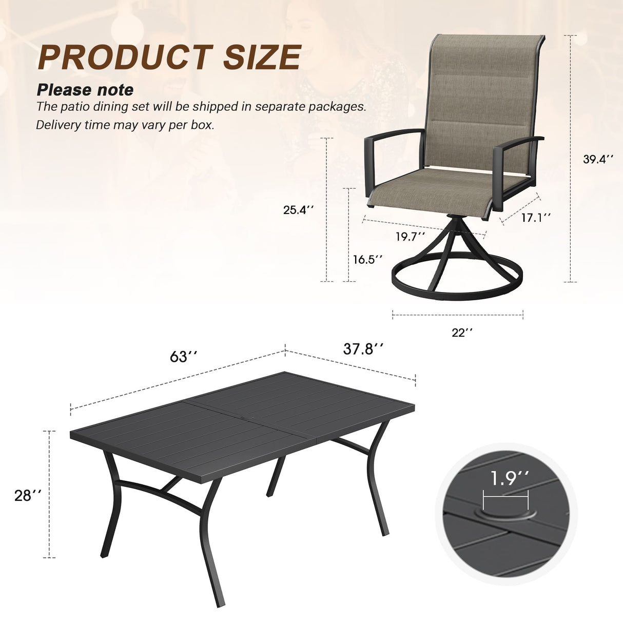 Vicllax 7 Pieces Outdoor Dining Set with Metal Rectangular Table and Padded Swivel Chair