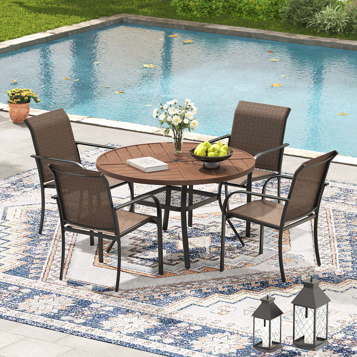 VICLLAX 5/7 PCS Patio Dining Table Set, Round Metal Table with Shelf and Stackable Sling Chair