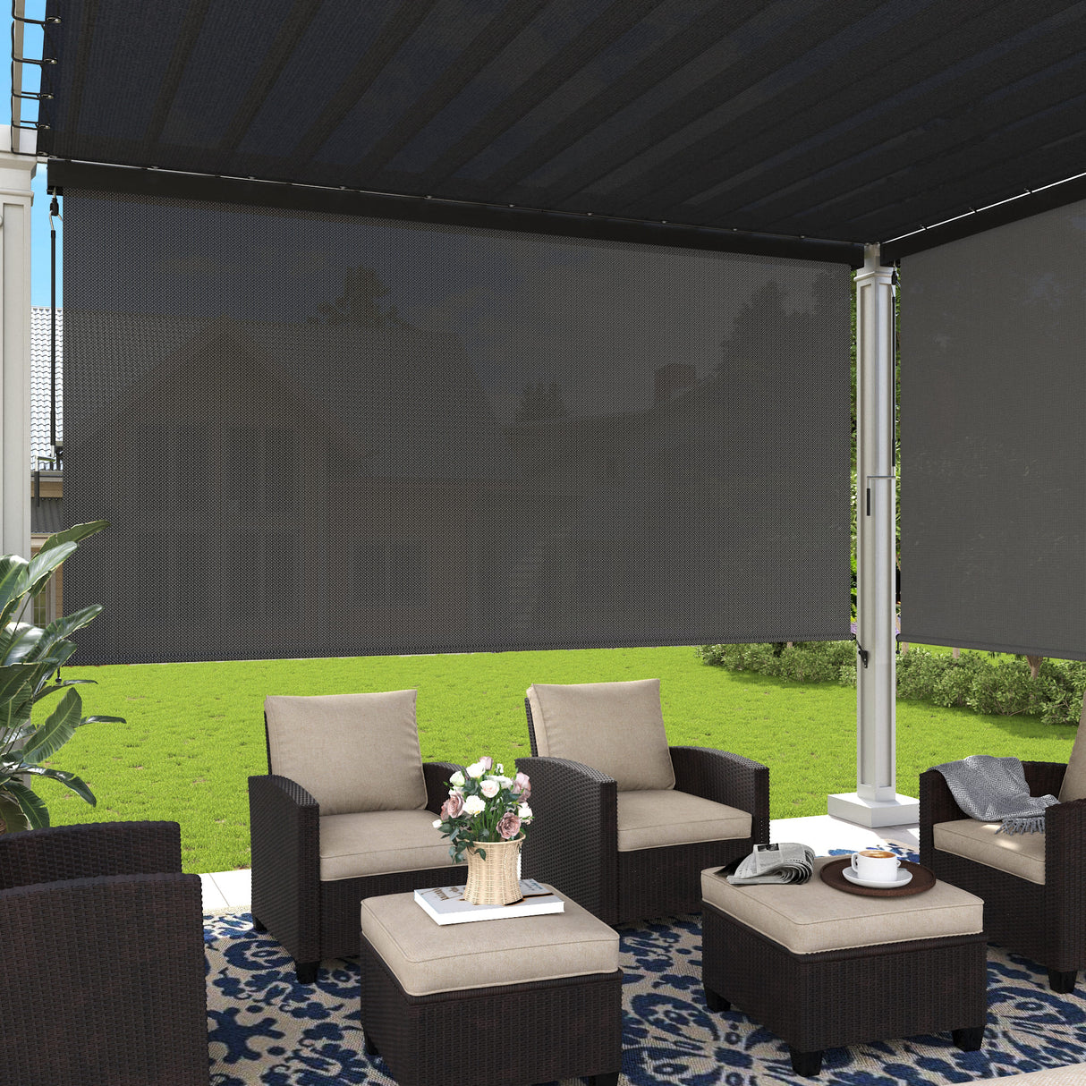 Vicllax Premium Patio Sun Blocking Roller Shade, Solar Shade with Aluminum Valance