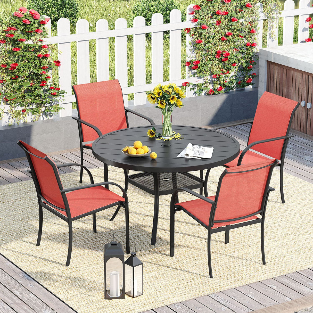 Vicllax 5/7 Pcs Outdoor Dining Set with Round Metal Table and Stackable Sling Chair