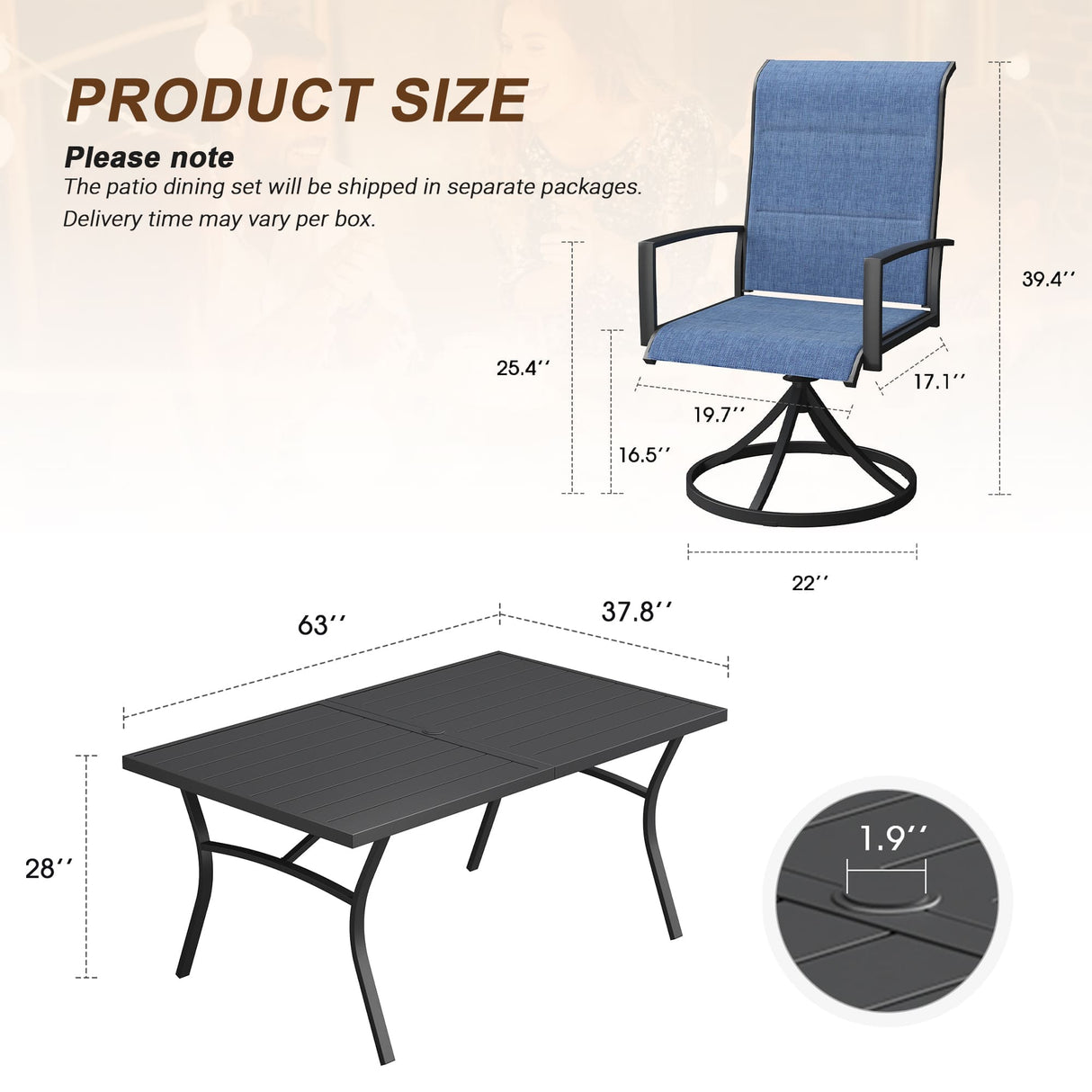 Vicllax 7 Pieces Outdoor Dining Set with Metal Rectangular Table and Padded Swivel Chair