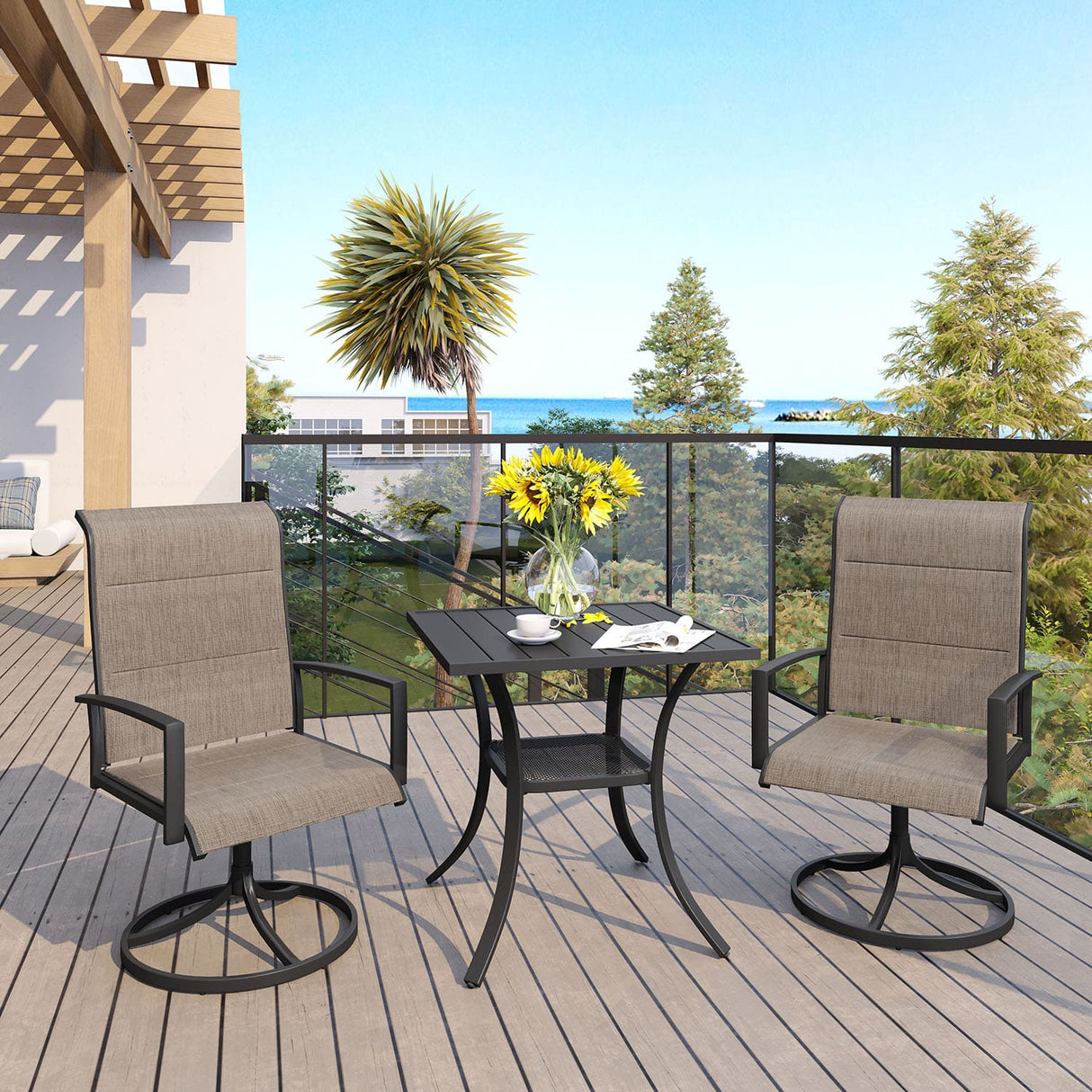 Vicllax Patio Padded Swivel Dining Chairs with Textilene Deep Seating and Armrest
