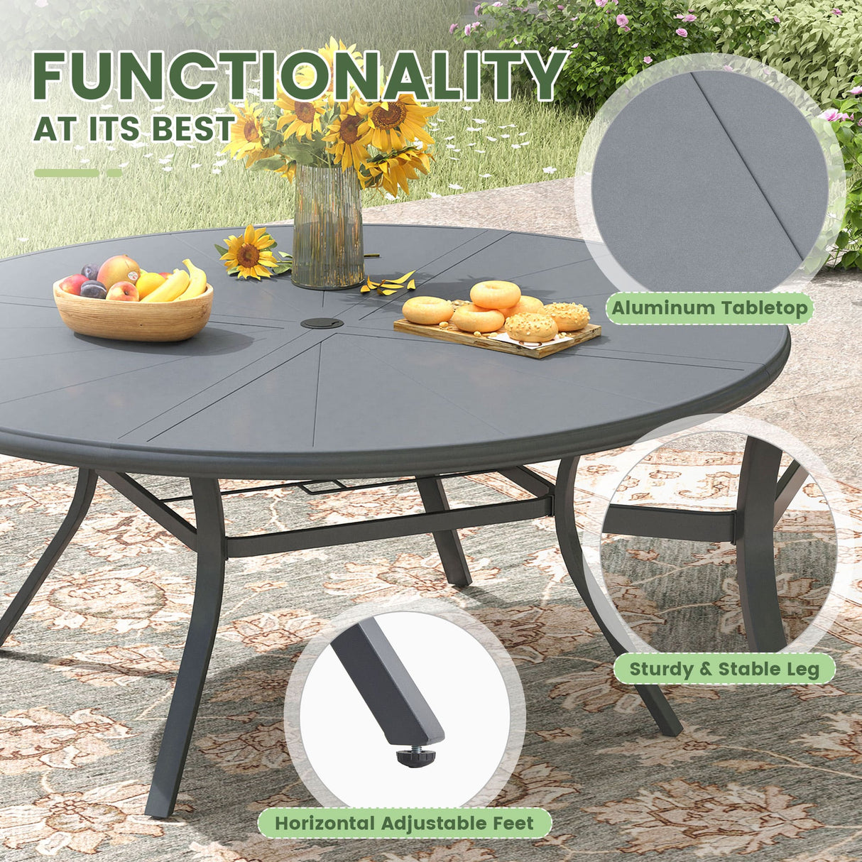 Vicllax Outdoor Round Dining Table, Patio Aluminum Tabletop with Storage Shelf