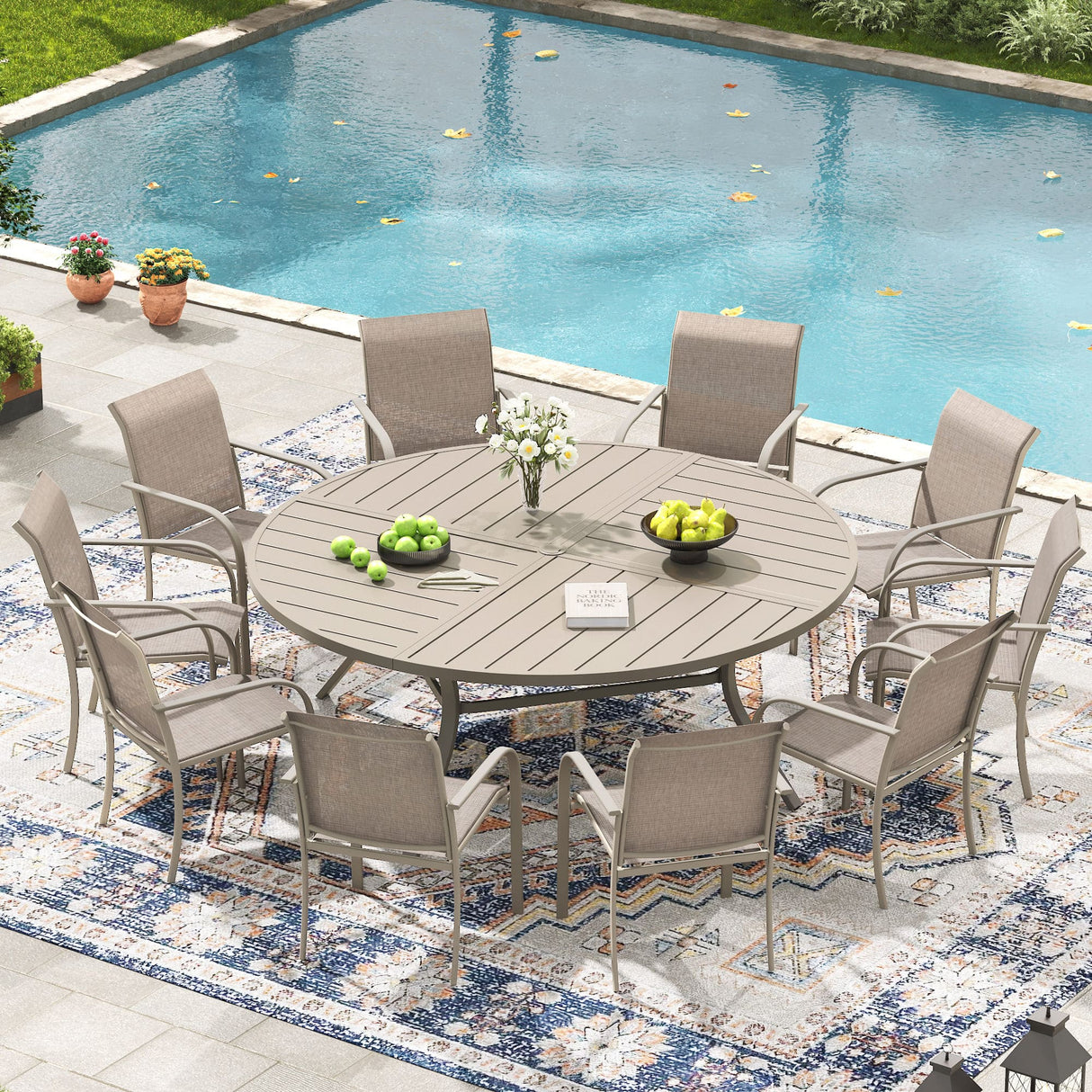 Vicllax Mesa redonda para patio de 42" con estante de almacenamiento y orificio para sombrilla ajustable