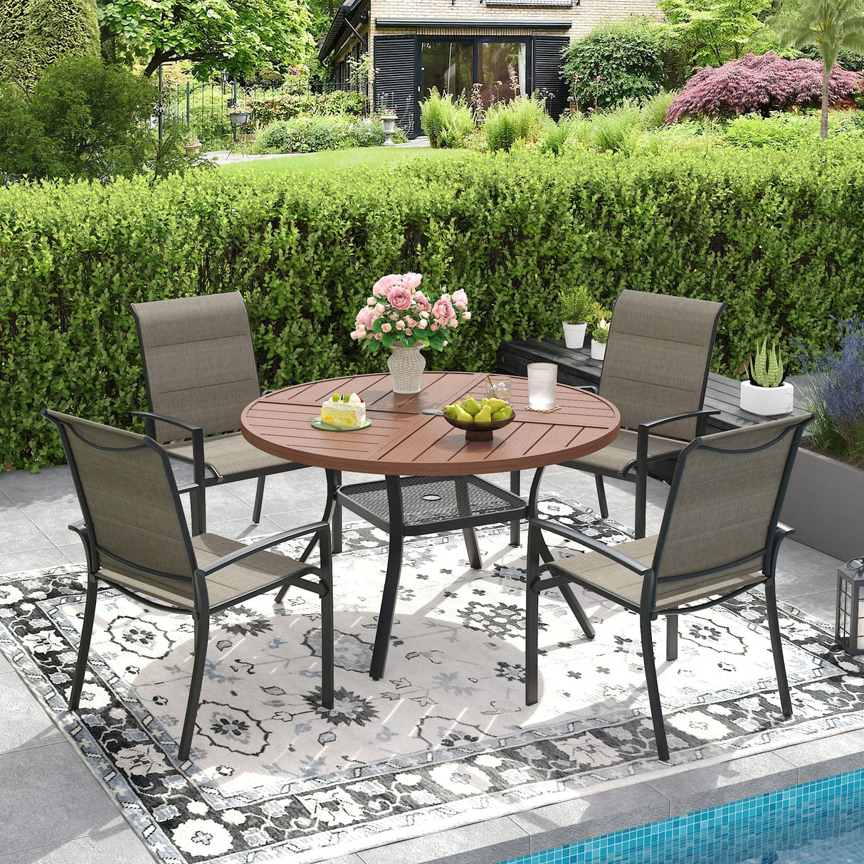 VICLLAX Patio Outdoor Dining Set of 4/6, Metal Round Dining Table and Stackable Sling Dining Chair with Armrest
