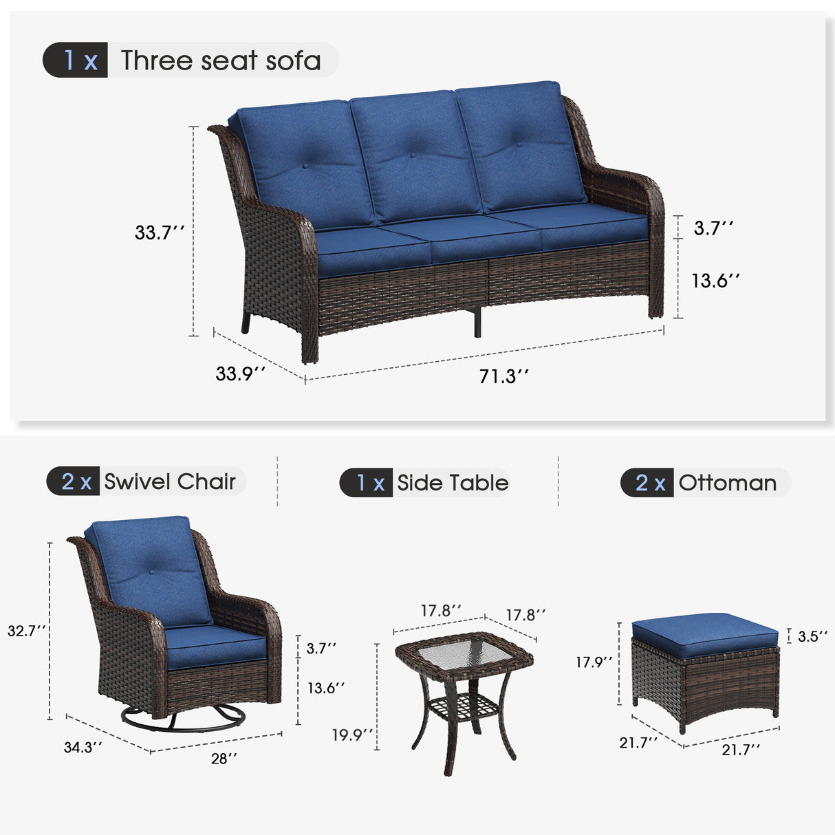 Vicllax 4 Pieces Patio Wicker Oasis Lounge Set, 3-Seater with Ottoman