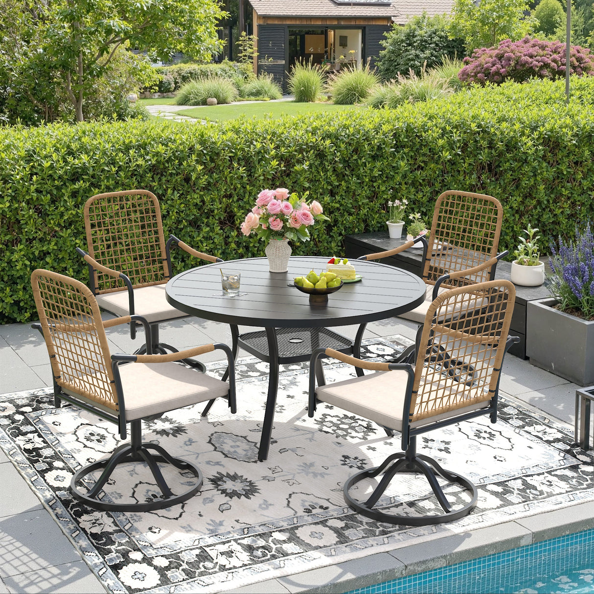 Vicllax 5-Piece Outdoor Dining Set, 47” Round Metal Table with Umbrella Hole & Solana Swivel Chair