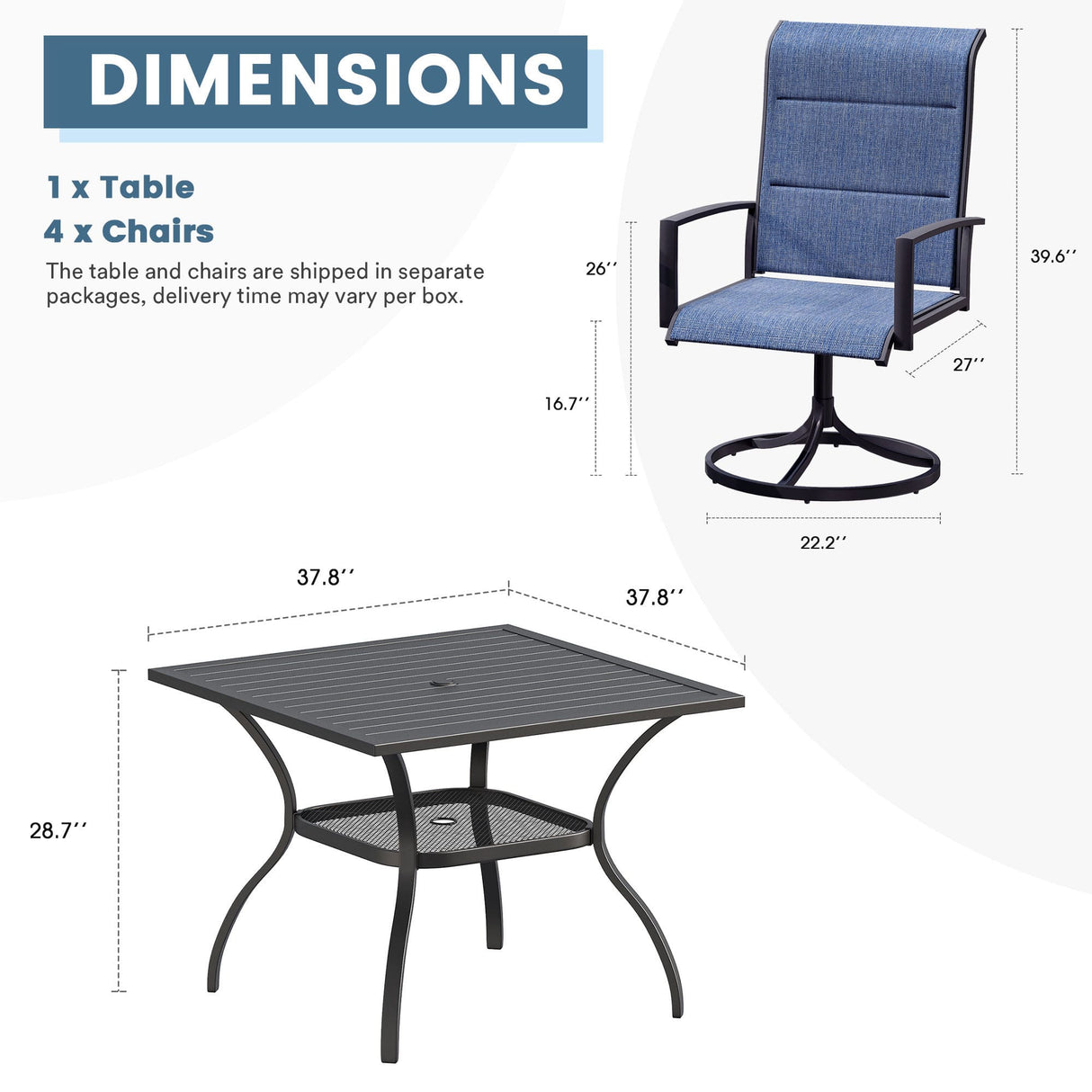 Vicllax 5 Pieces Outdoor Dining Set with Square Table and Padded Swivel Chairs