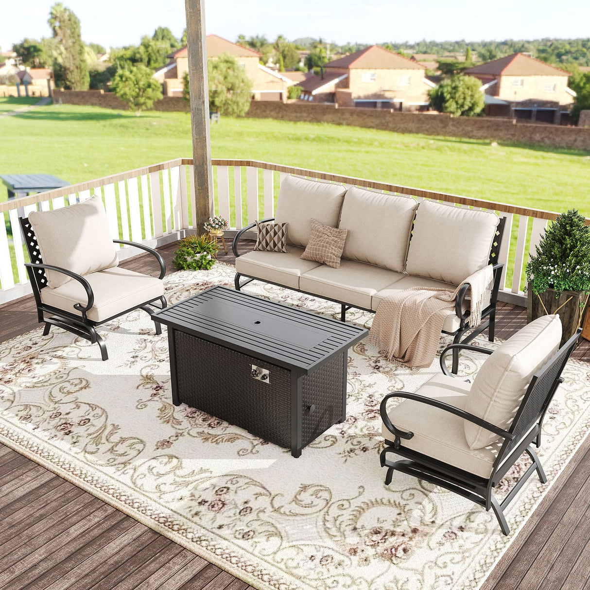 Vicllax 4-Piece Outdoor Patio Conversation Sofa Set With Metal Rectangular Fire Pit Table